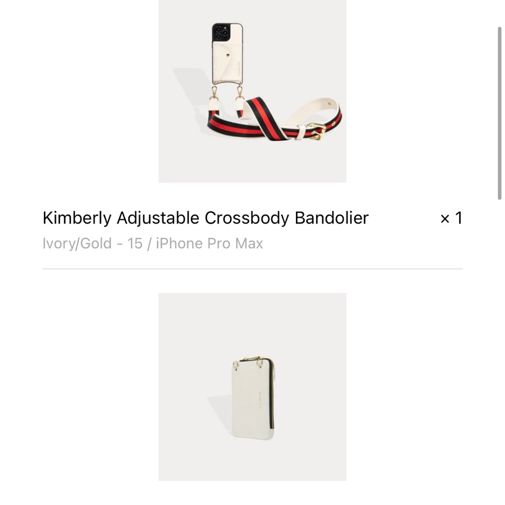 Kimberly Ivory Crossbody Bandolier with Stripe Strap with purse and iPhone case